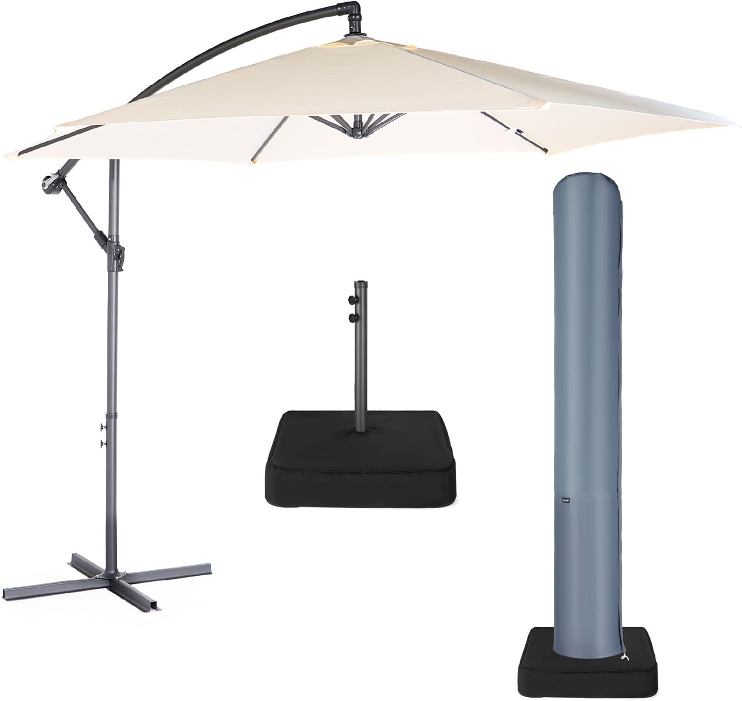 VonHaus Parasol with Weatherproof Fabric Base & Cover, 3M Cantilever Banana Umbrella for Outdoor, Garden, Patio, Sunshade Canopy with Hand Crank, Tilt & Rotate Function - Ivory