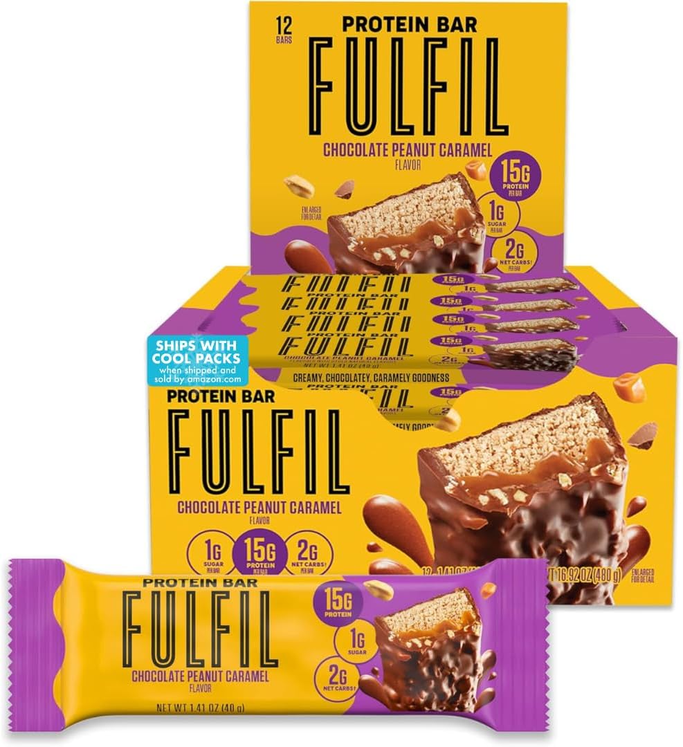 FULFIL Protein Snack Bars, Chocolate Peanut Caramel Flavored, Gluten Free with 15g Protein, Pantry Staples, 12 Count