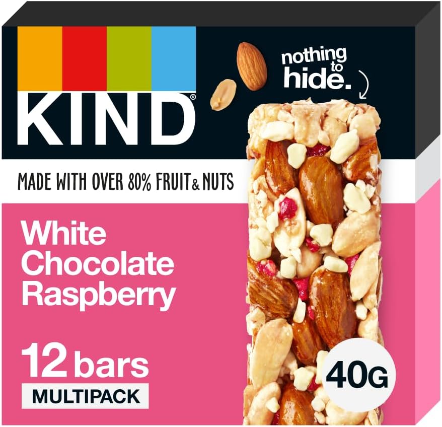 Kind Bars, White Chocolate Raspberry, Healthy Snack, Gluten Free Snack Bars, No Artificial Colours, Flavours or Preservatives, Multipack 12 x 40g