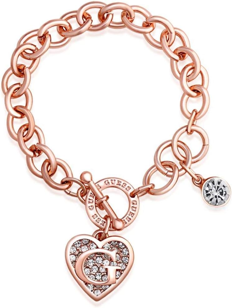 GUESS Rose Gold-Tone Round Link Chain Bracelet with Heart & Logo Charms, One Size, Base Metal, No Gemstone