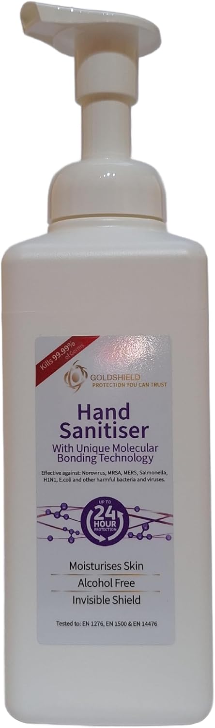 24 Hour Hand Sanitiser Foamer with Residual Anti-Microbial Barrier, NHS Grade, Alcohol-Free, Water Based Solution - Natural Grape Scent - 500ml by Goldshield
