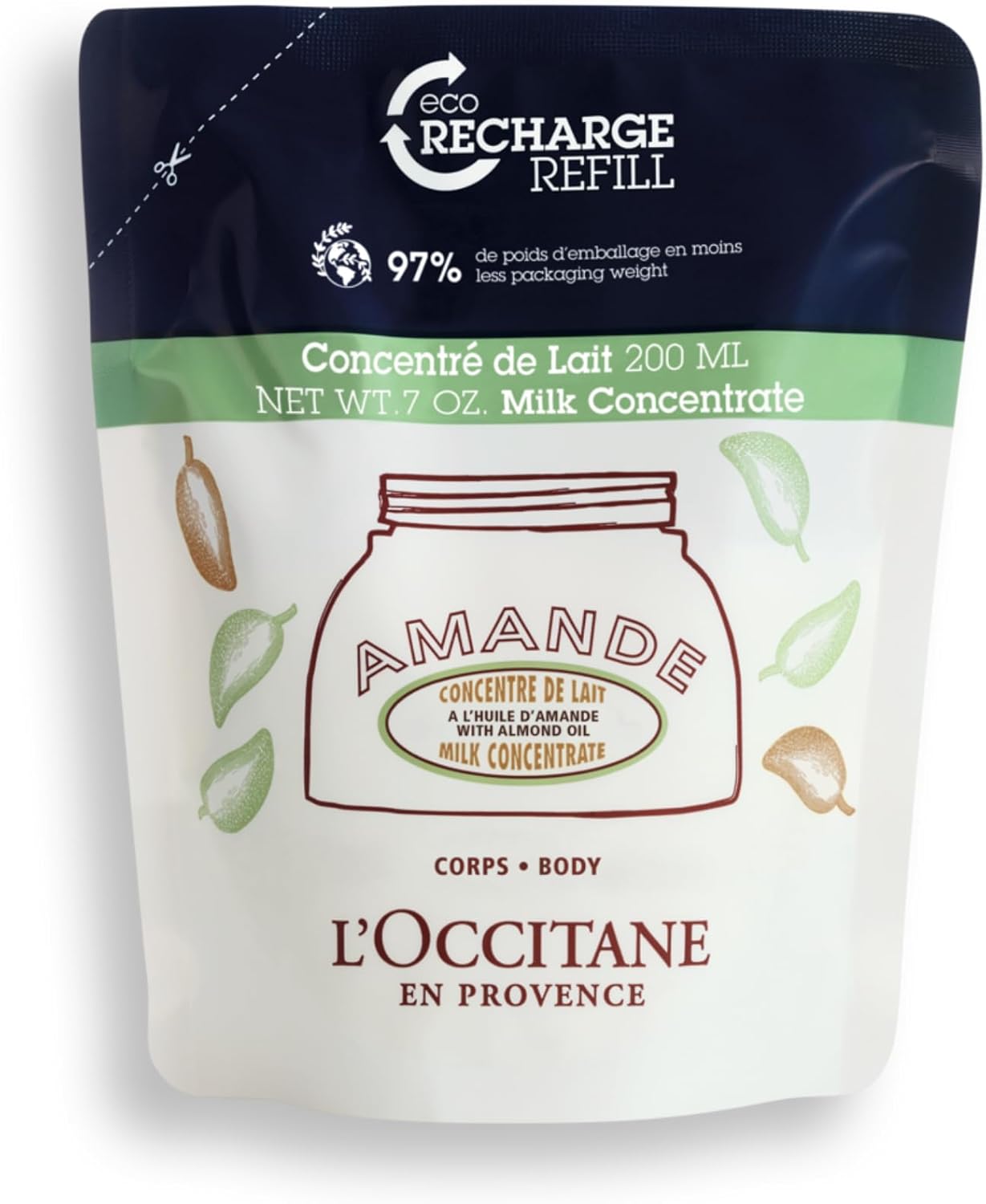 L'OCCITANE Almond Milk Concentrate Refill 200ml | Enriched with Sweet Almond Oil | Vegan & 95% Readily Biodegradable | Luxury & Clean Beauty Body Care for All Skin Types