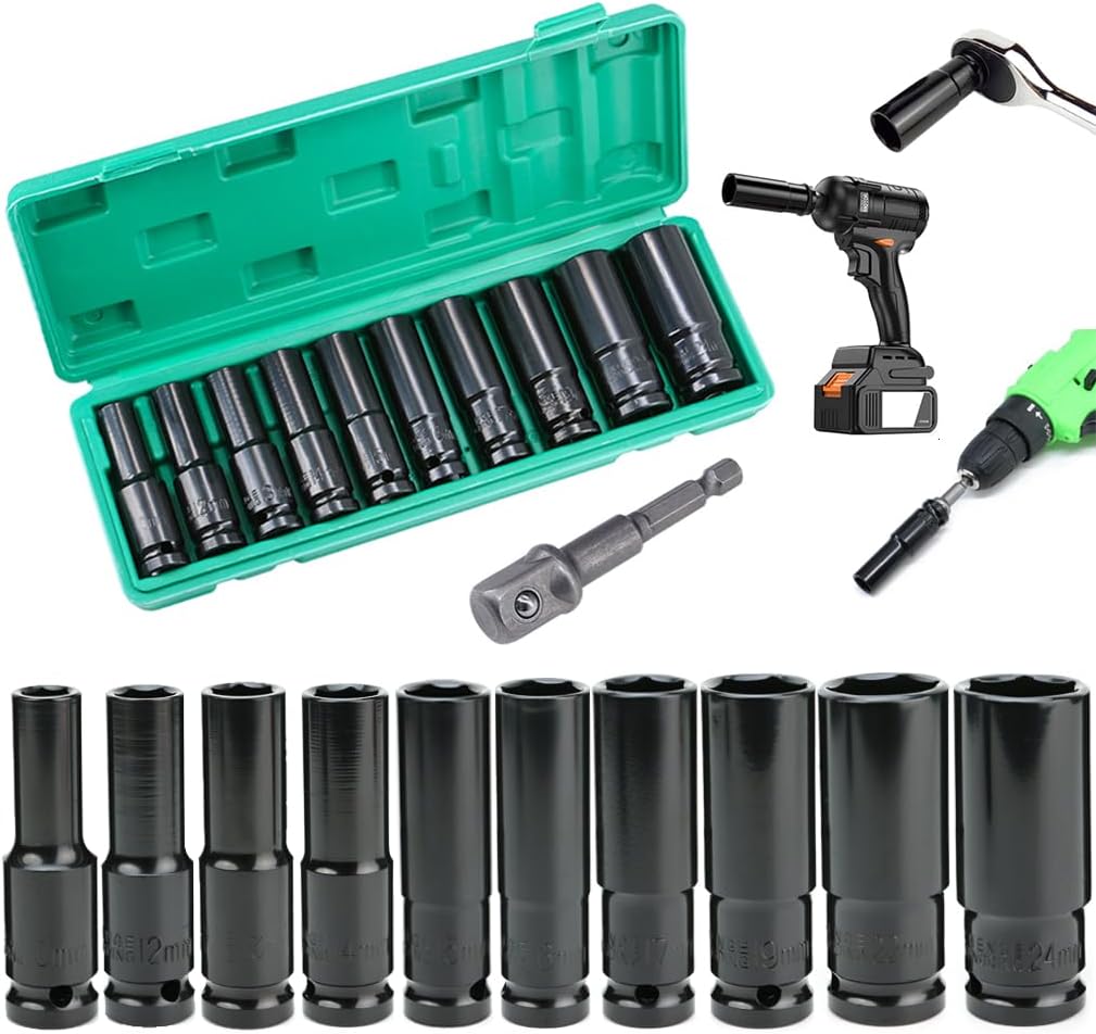 HASERY Deep Socket Set 1/2 inch 10 to 24mm, Extra Long Reach, 11 pcs Impact Driver Hex Bit Sockets, with 1/4 Hex Shank Adapter, Car Large Torque Wrench for Drill, Ratchet, Heavy Duty Spanner Tool