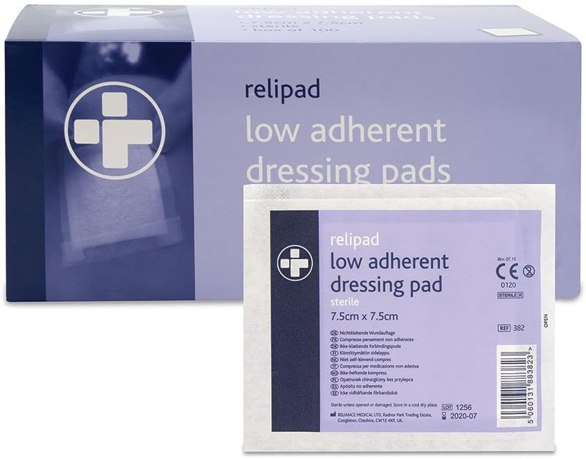 Reliance Medical Relipad First Aid Sterile Dressing - Low-Adherent, Absorbent Dressing Pads For Minor Abrasions, Lacerations And Wounds, 7.5 cm x 7.5 cm, Pack of 100