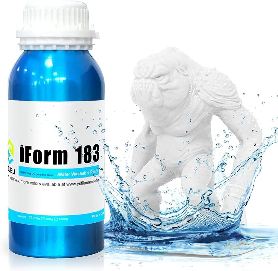 YOUSU iForm 183 Water-Washable Low Odor LCD 3D Printer Resin UV-Curing 405nm 3D Resin Suitable for Mono Screen and RGB Screen High Resolution 3D Printing Liquid Snow White Color 1000g