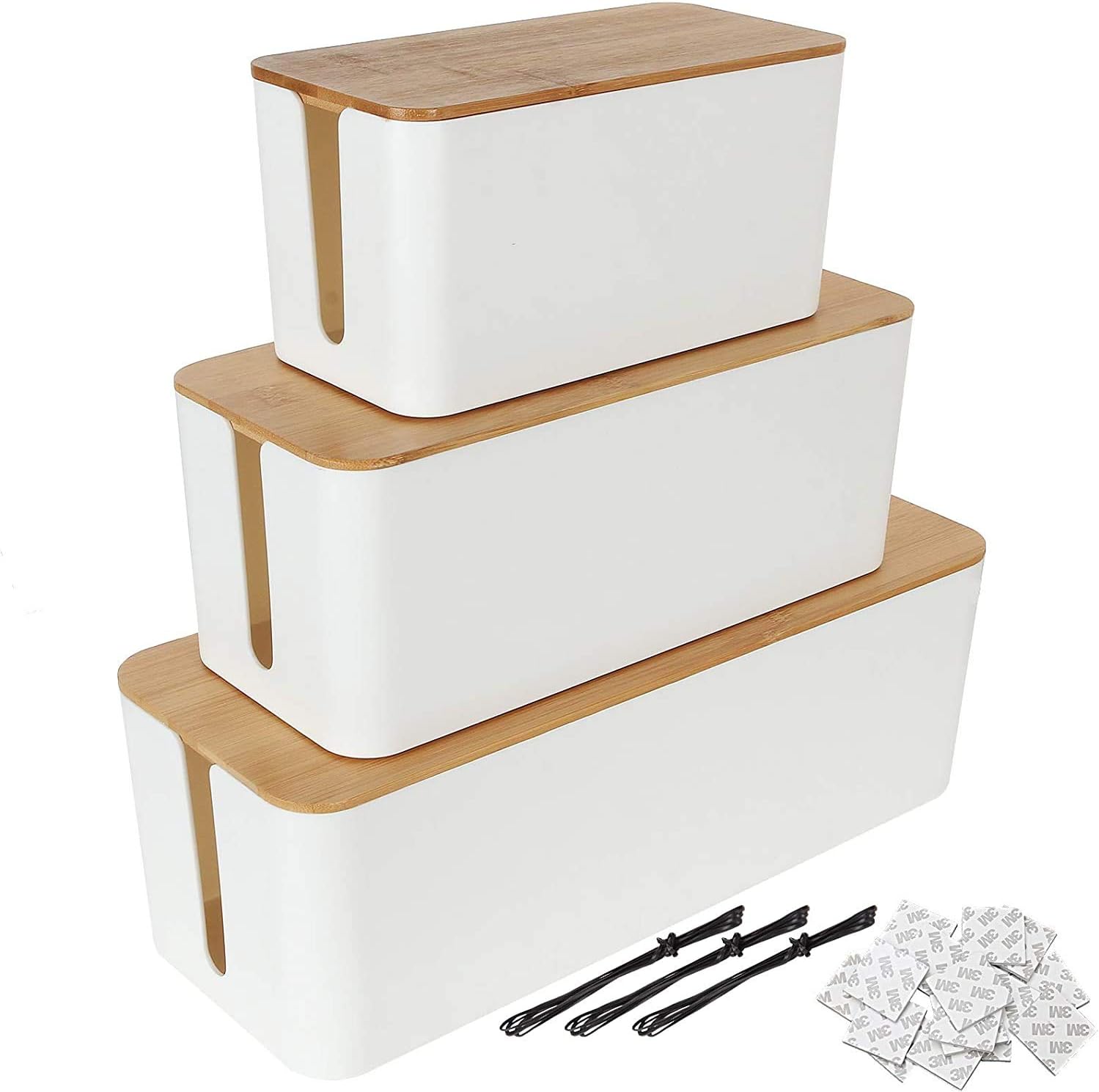 STARVAST Cable Management Box Set With Wooden Lid | 3 White Large Desk Cable Tidy Boxes | TV Cable Wire Extension Organizer for Home Office | Large, Medium, Small