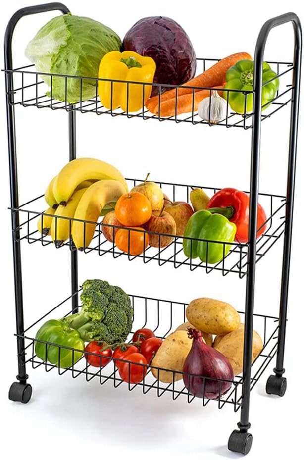 Vivo Technologies 3 Tier Fruit Vegetable Trolley Basket Rack Kitchen Storage with Wheels, Storage Rack with Organizer Baskets for Fruits, Vegetables, books, tools Storage, Black