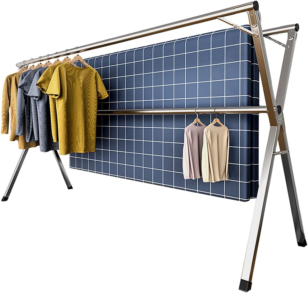 YACASA Clothes Drying Rack, 79 inch Heavy Duty Stainless Steel Laundry Drying Rack, Foldable &Length Adjustable Space Saving Garment Rack, with 20 Windproof Hooks.