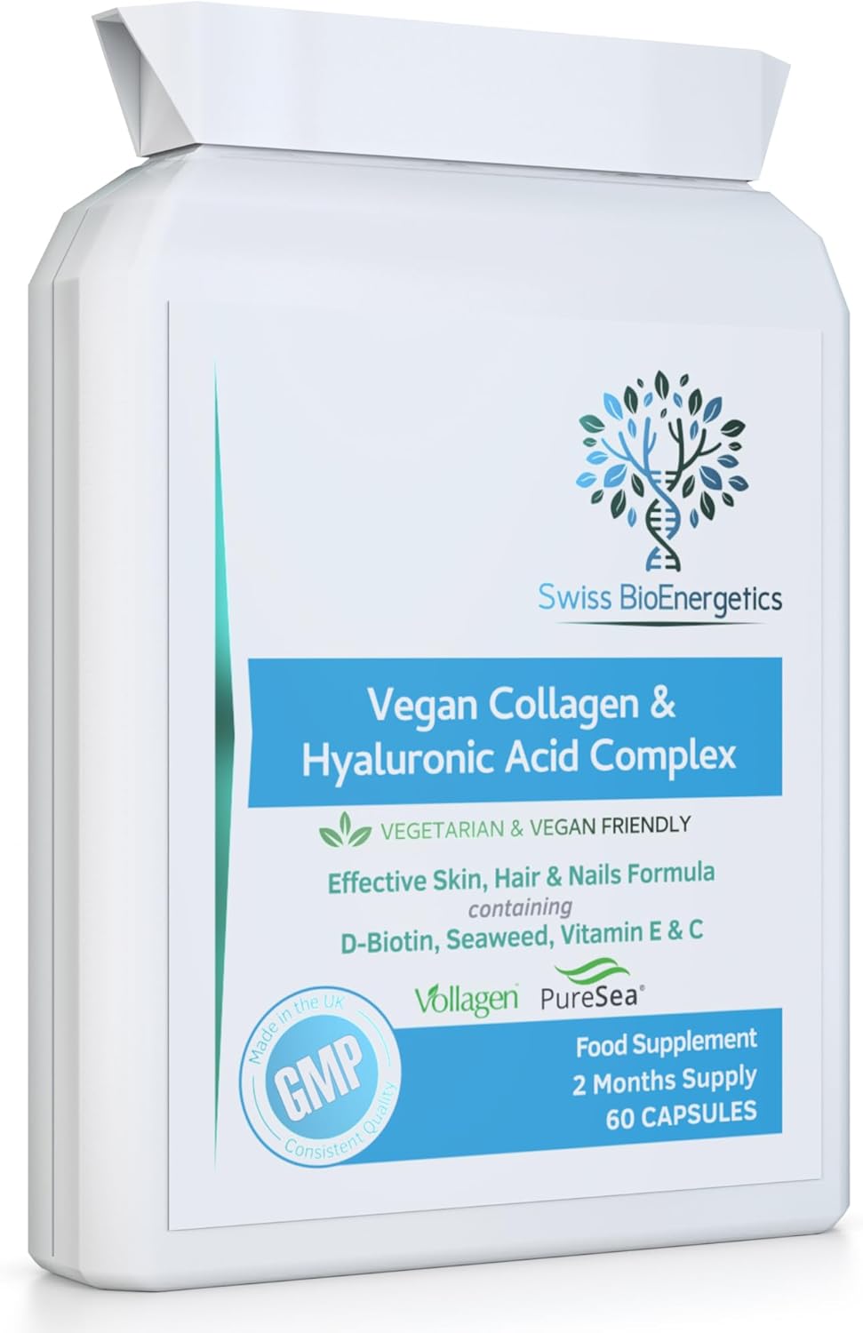 Vegan Collagen & Hyaluronic Acid Complex - 60 Capsules - Effective Skin, Hair & Nails Formula with 500mg of Vollagen in The Exact Amino ratios of Human Collagen - D-Biotin, Seaweed, Vitamins E&C