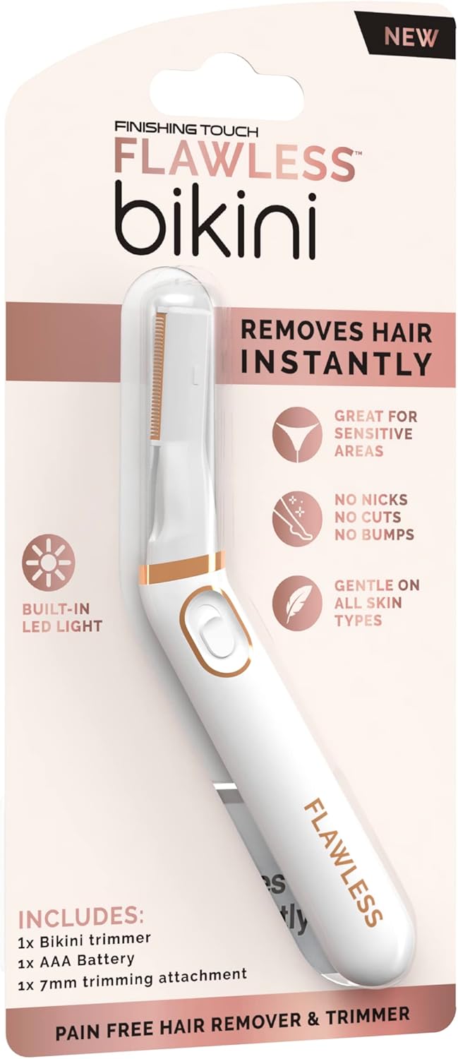Finishing Touch Flawless Bikini Trimmer & Hair Remover, Bikini Shaver & Pubic Hair Trimmer for Women, Dry Use Intimate Razor, Painless Bikini Line Hair Removal with LED Light, All Skin Types