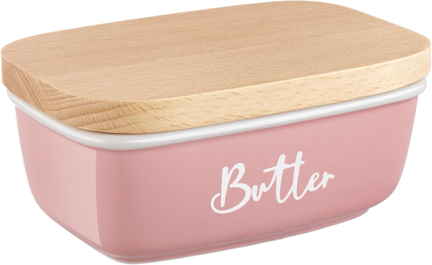 ALELION Pink Butter Dish with Lid for Countertop - Ceramic Farmhouse Butter Keeper Container with Thick Beech Wood Lid - Pink Kitchen Home Decor and Accessories for Kitchen Gifts