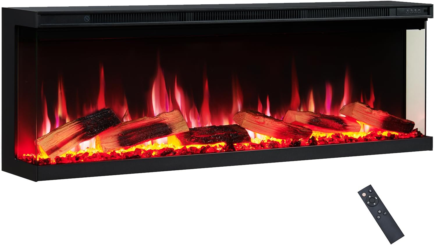 Leura with Premium Logs 127cm/50" 3 Sided view Electric Fireplace Wall Mounted or Recessed 9 Colour Flame Effect TV Compatible Media Wall Fire Heater 900W/1800W, Remote Control