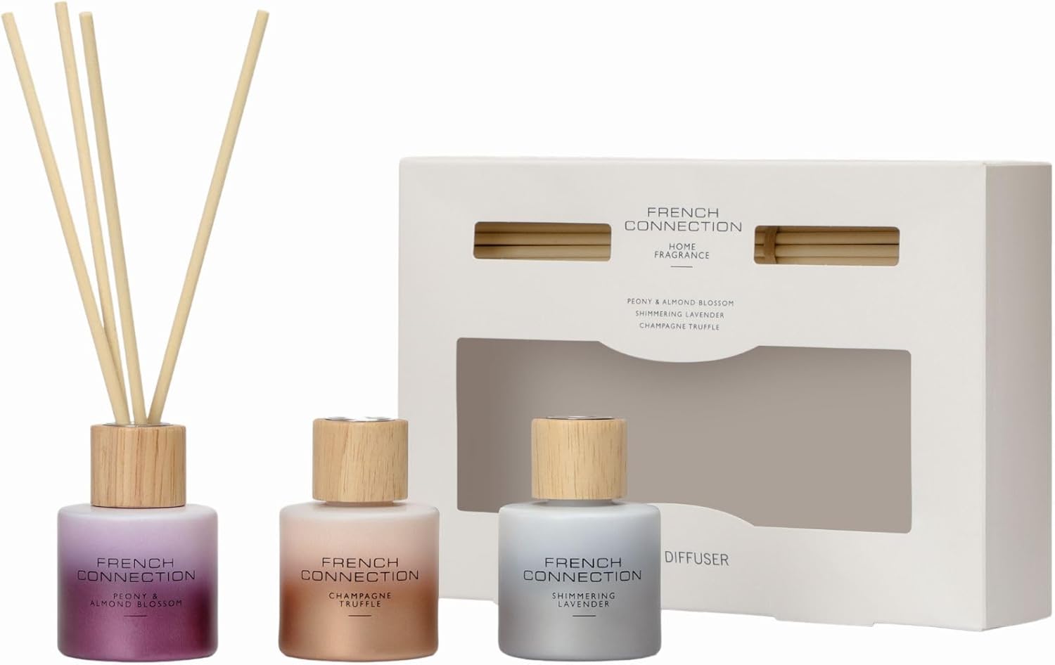 French Connection Scented Reed Diffuser Gift Set - 3 X 50ml,Candle Giftset for Women,Long-Lasting Fragrance Oil Diffuser,Lavender, Peony,Truffle -Aromatherapy for Bathroom, Kitchen & Living Room