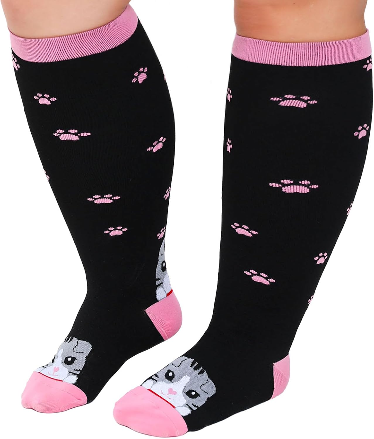 PUTUO Wide Calf Compression Socks: Plus Size Compression Socks for Women with Cat Pattern Medical Compression Stockings for Men for Support Flight Varicose Pregnancy 20-30 mmHg 1 Pair