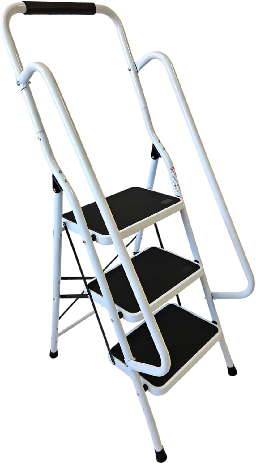 HH Home Hut 3 Step Ladder - Compact Folding Step Stool for Kitchen Rail Handles, Small and Portable Three-Step Ladder Fold Away Steps