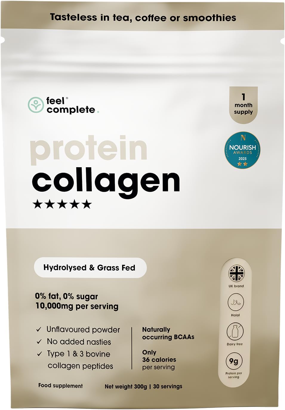 Feel Complete | High Protein Collagen Powder | No Sugar, No Sweeteners | Unflavoured | Grass Fed & Hydrolysed | Premium Type 1 & 3 Bovine Peptides | Halal | Skin, Hair & Nails | 300g | 30 Servings