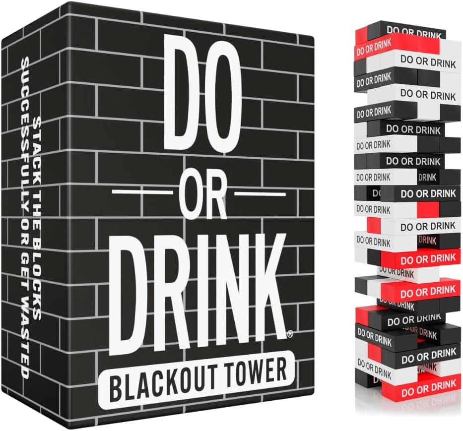 Do or Drink Blackout Tower Drinking Game - Adult Party Game with 54 Blocks and Challenges - Fun Drunk Game for Game Night - Great Gift for Pregames, Bachelorettes, Couples, and More