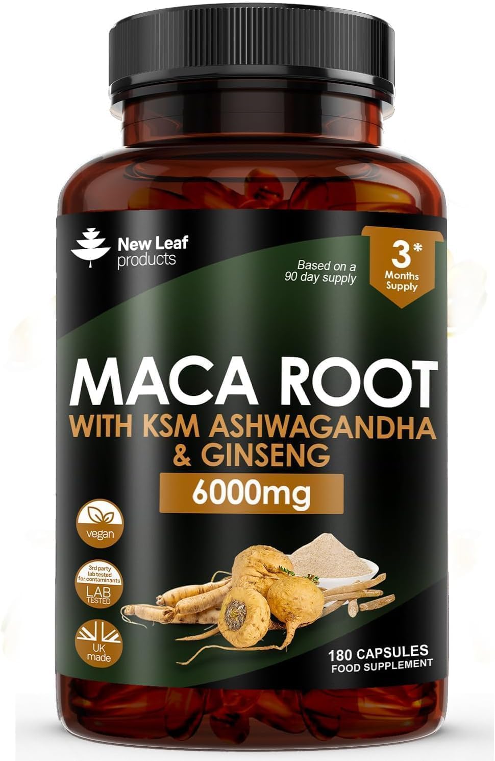 Maca Root Capsules with KSM Ashwagandha and Ginseng - 180 High Strength 6000mg Maca Root + Ashwagandha KSM-66, Panax Ginseng & Black Pepper - Vegan Capsules Made in The UK