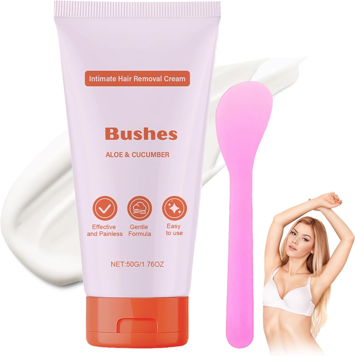 Hair Removal Cream, Bye Bye Bushes Intimate Hair Removal Cream With Silicone Brush, Depilatory Cream For Women Face Legs Underarms, Painless & Gentle Formula For All Skin Types, 50g