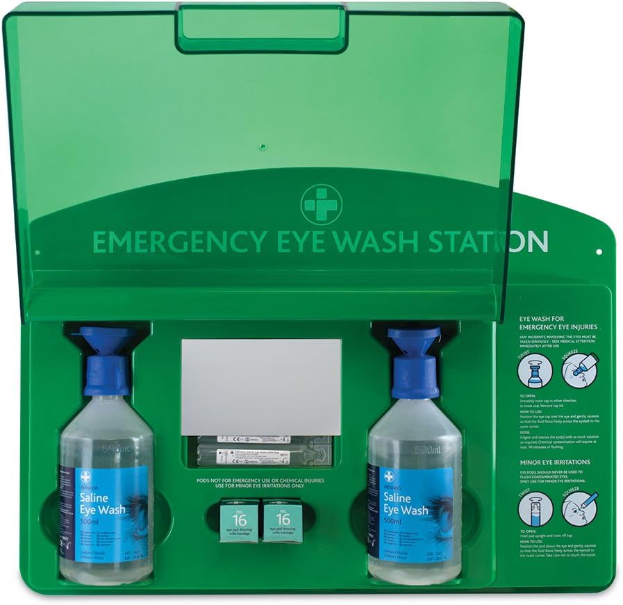 Reliance Medical Eye Wash Station - Complete Emergency Solution with Illumination, Includes Eye Bandage, Saline Eye Wash 500 ml, Saline Eye Wash Pods