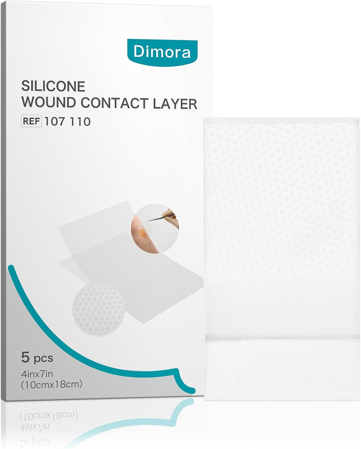 Dimora Wound Contact Layer, Silicone Non-adhering Wound Dressing, Transparent Pads Bandages Sheets for Abrasion Pressure Sore Venous Arterial Ulcer, 4"x7" (Pack of 5)