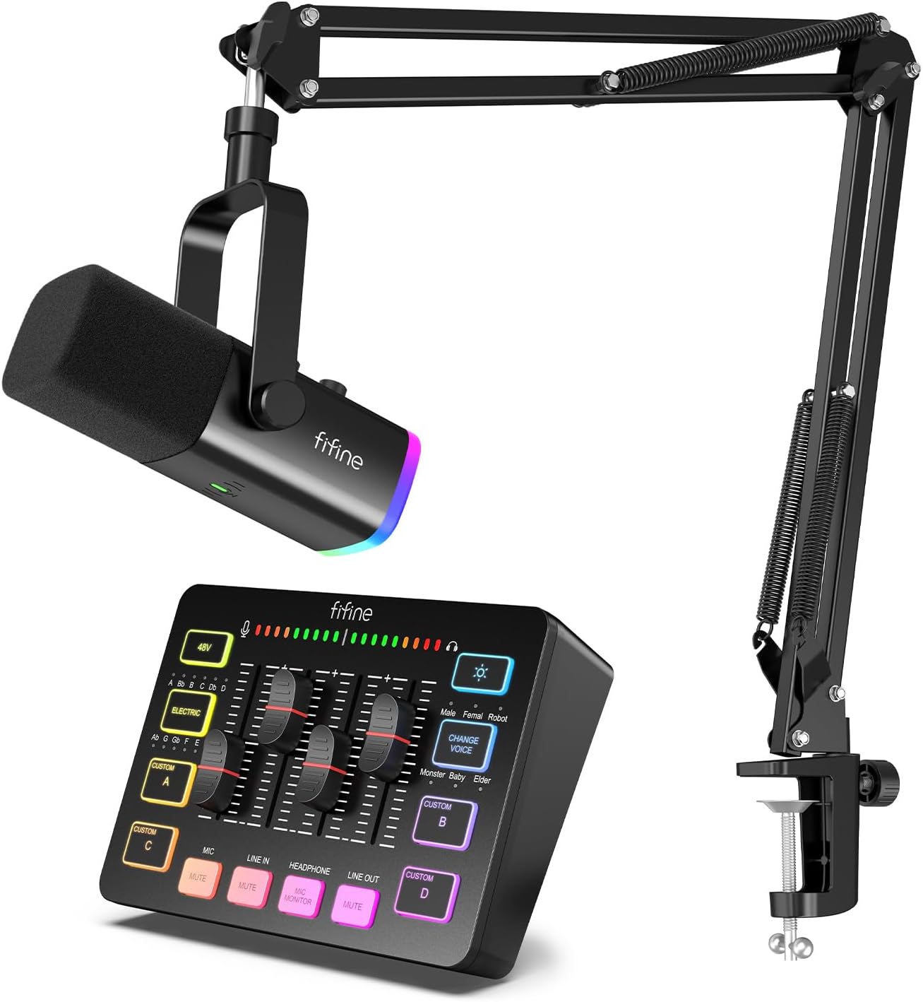 FIFINE XLR/USB Gaming Microphone Set and Gaming Audio Mixer,Dynamic PC Mic for Streaming Podcasting,RGB Recording Mixer with XLR Microphone Interface,Computer RGB Mic Kit with Boom Arm Stand(AM8T+SC3)