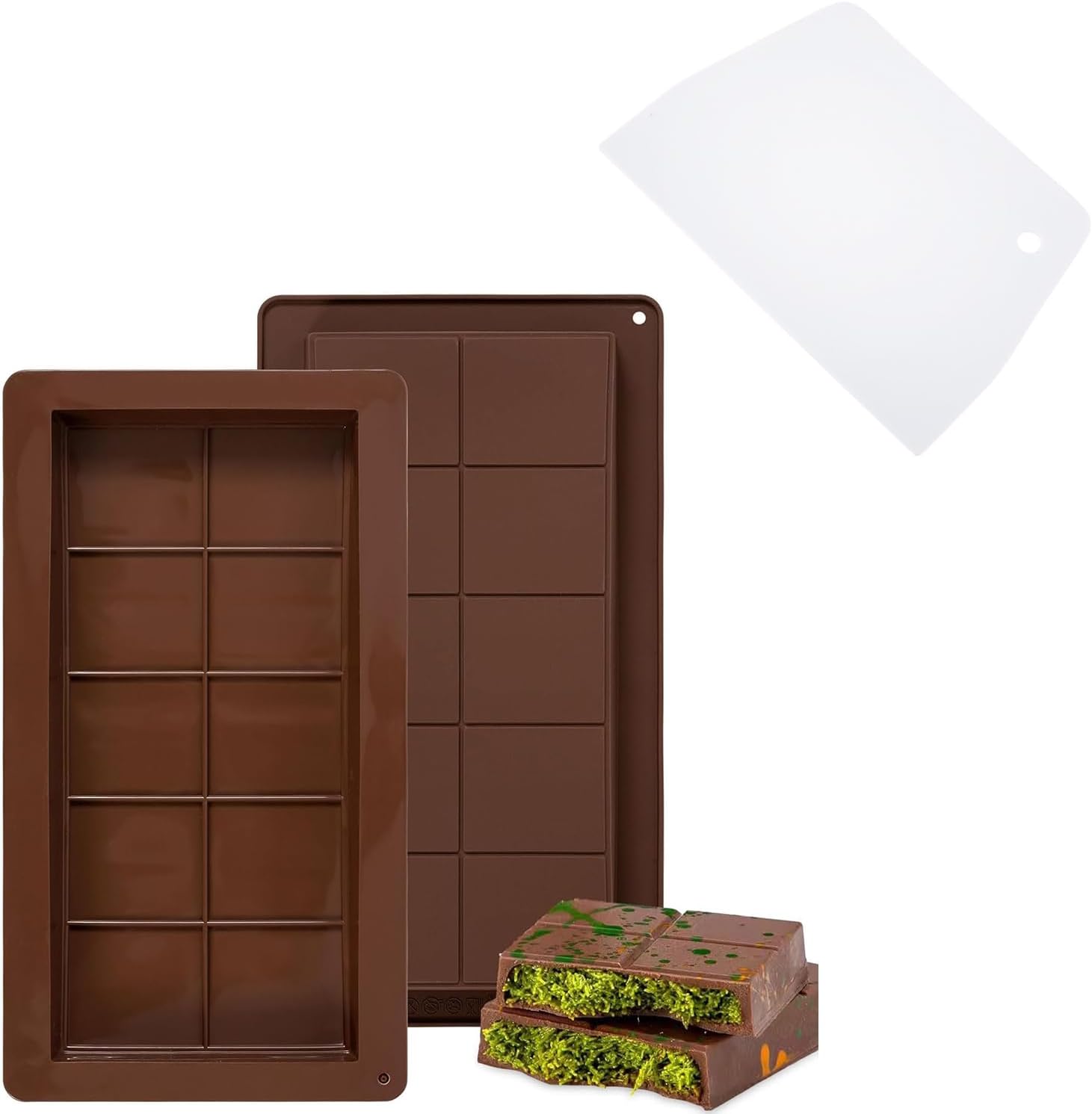 Deep Chocolate Bar Moulds Silicone Deep Chocolate Mould Thick Chocolate Bar Mould Candy Moulds, 2 Pcs Big Chocolate Bar Moulds 10 Cavity Reusable Silicone Chocolate Bar Stuffed Moulds with 1 PCS Scrap