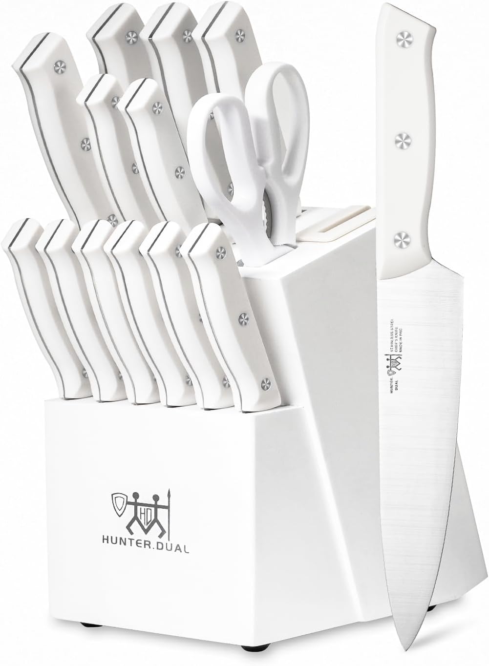 HUNTER.DUAL Knife Set, 15 Piece Kitchen Knife Set with Block Self Sharpening, Dishwasher Safe, Anti-slip Handle, White