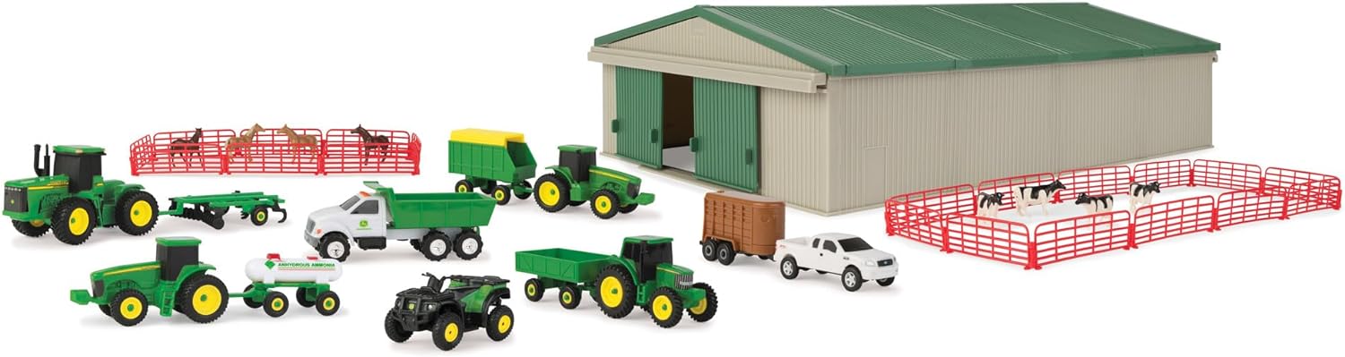 TOMY John Deere Die-Cast Farm Toys Playset - 1:64 Scale - Includes Farm Animals, Machine Shed, Toy Tractors, Toy Trucks, and Farm Tools - 70 Count - 8 Years and Up
