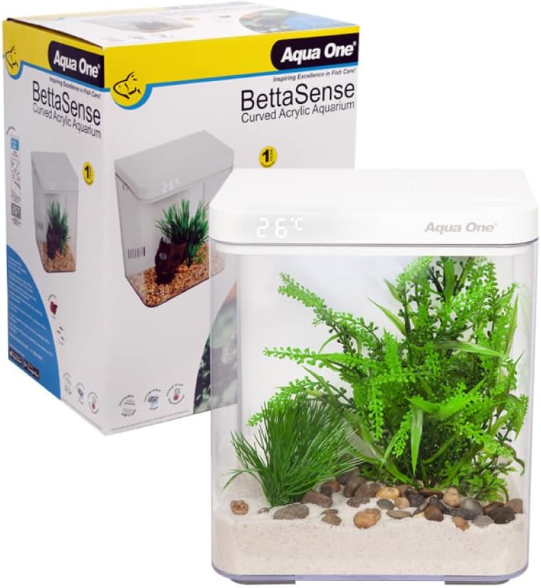 Aqua One Acrylic Betta Sense 9.7L Siamese Fighter Nano Tank, White, with Built in Filter, LCD Thermometer and Light
