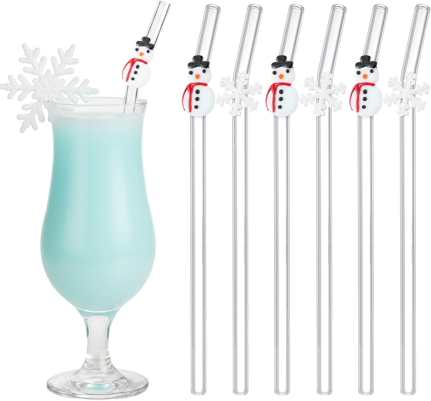 6 Pcs Christmas Glass Straws Snowman Snowflakes Icons Reusable 8"