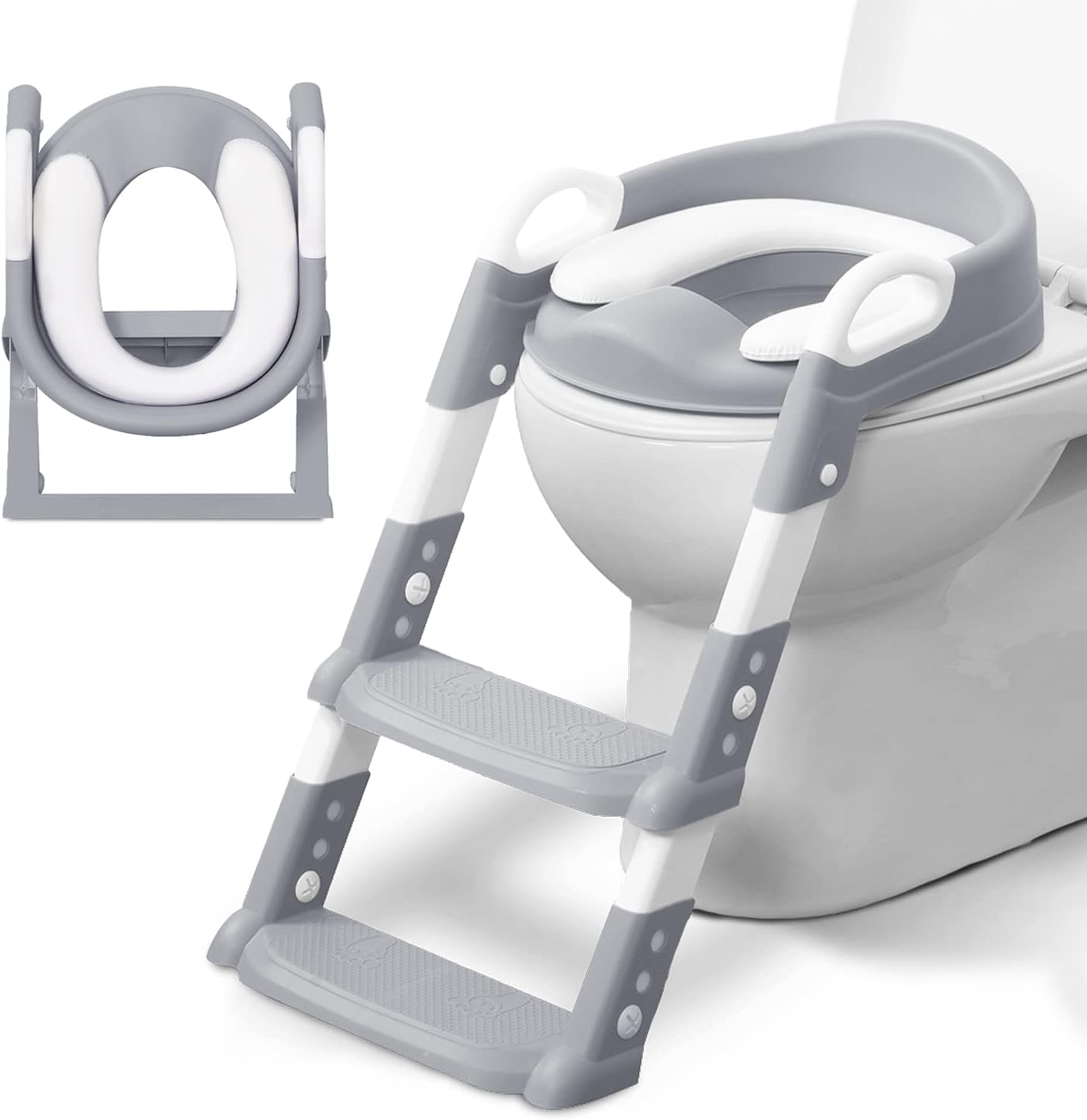 KIDOOLA Adjustable Potty Ladder Seat for Toilet Training with Steps,Handle & Soft Cushion Design Non Slip & Space Efficient Toddlers & Children Foldable & Easy Assembly Splash Guard Included Grey