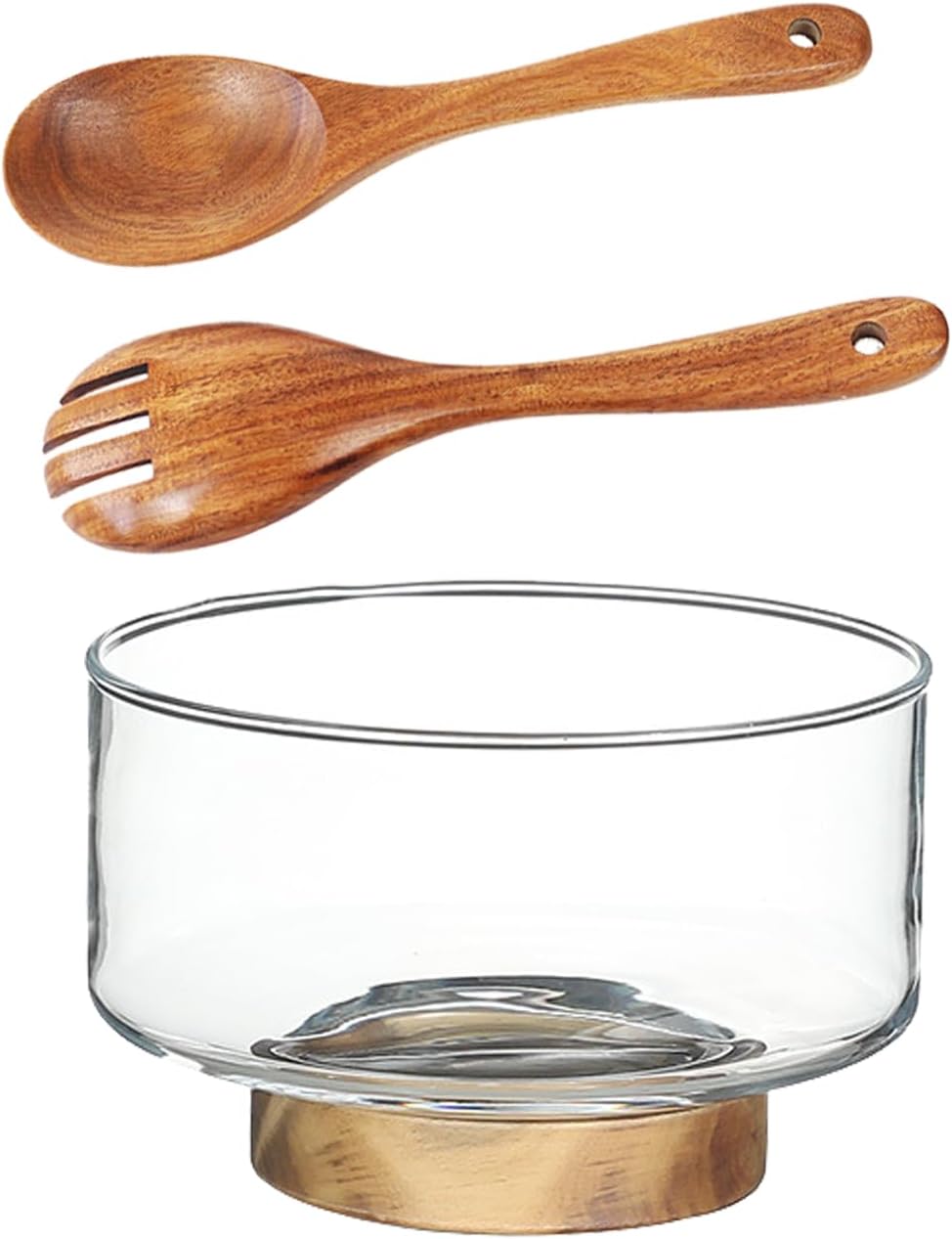 Large Glass Salad Bowl Set - Salad Serving Bowl with Acacia Wood Base and Salad Hands Serving Bowls for Parties, Christmas, Thanksgiving for Salads, Fruit, Pasta, Etc (Small)