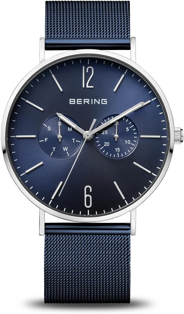 BERING Men's Quartz Watch, 40 mm Silver Stainless-Steel Case and Blue Dial, Milanese Strap, Sapphire Crystal, 3 ATM