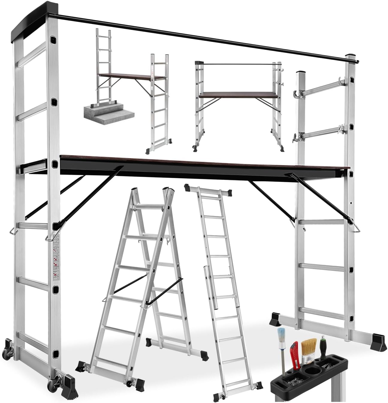 tectake® Aluminium Multi-Purpose Ladder, Adjustable 4-in-1 Work Platform, Scaffolding, Lean-To & Step Ladder, 150 kg Capacity, Durable Folding Frame, Scaffold Safety Bar, Rubber Feet with Wheels