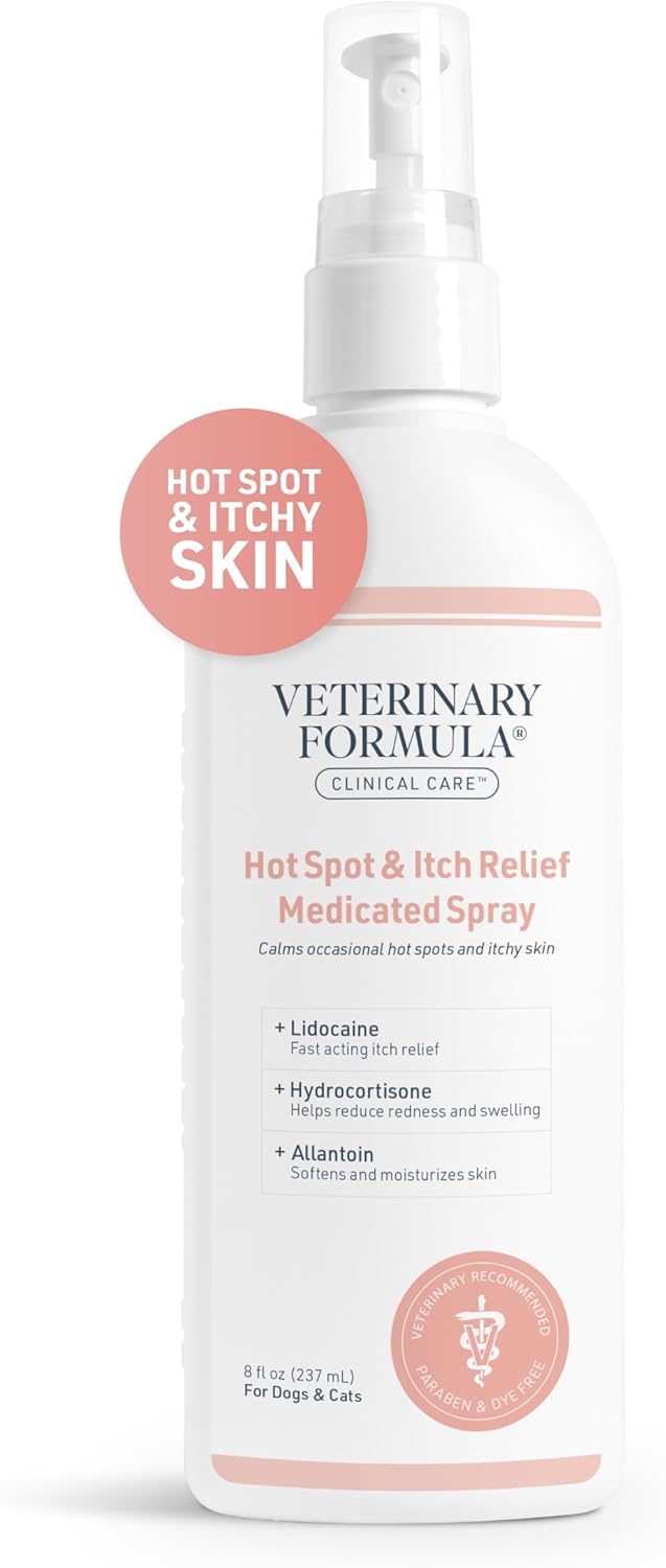 Veterinary Formula Clinical Care Hot Spot & Itch Relief Medicated Spray, 8oz – Easy to Use Spray for Dogs & Cats – Helps Alleviate Sensitive Skin, Scratching, and Licking of Coat