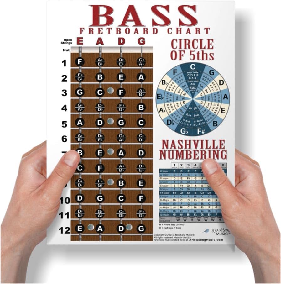 A New Song Music Laminated 4 String Bass Fretboard Notes Chart Nashville Number System & Circle of 5ths Easy Instructional Poster for Beginner for Notebook 2024-8.5" x 11"