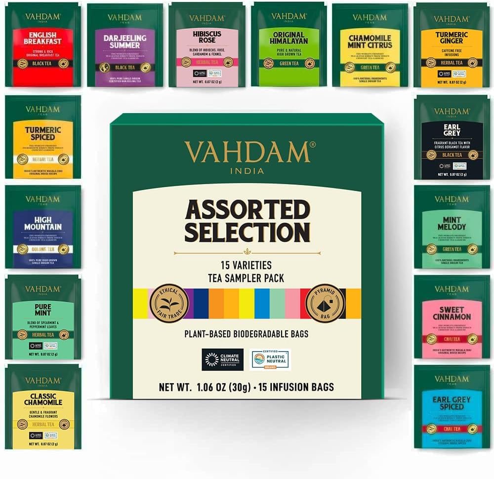 VAHDAM, Tea Variety Pack - 15 Flavors Pyramid Tea Bags | Assorted Tea Sampler | Black Tea, Green Tea, Oolong Tea, Chai Tea | Long Leaf Pyramid Tea Bags Variety Pack | Gifts for Women & Men, Tea Set