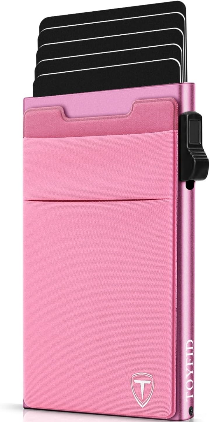 Slim Wallet for Men - Pop Up Card Holder Wallet,Minimalist Business Wallet,Credit Card Wallet with Money Pocket,Metal Card Case Wallet,RFID Blocking,Can Hold 6 Credit Cards (Pink)