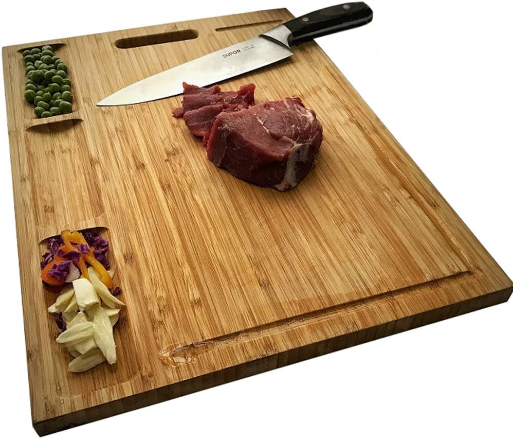 NIUXX Organic Bamboo Cutting Board for Kitchen, Reversible Chopping Board with 3 Built-in Compartments and Juice Grooves, Large Chopping Tray 43 x 32 x 2 cm, Meats Vegetable Bread Fruits Board