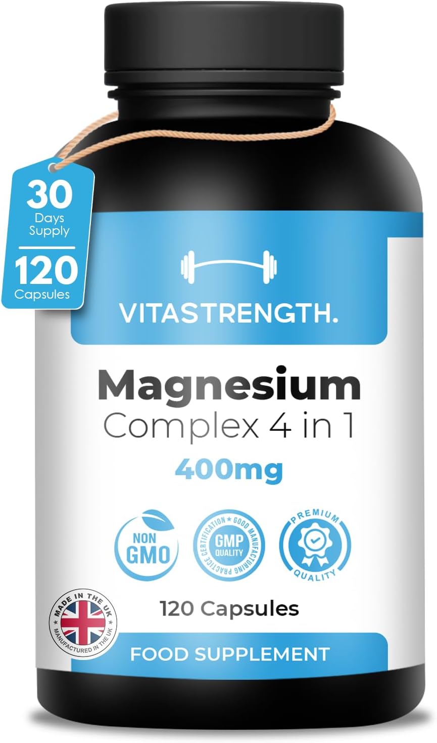 Magnesium Supplement 4 in 1 – 120 Capsules, 400mg Daily Dose-with Magnesium Bisglycinate,Citrate,Malate & Carbonate-Essential Mineral Complex for General Well-Being & Daily Support by VITASTRENGTH.