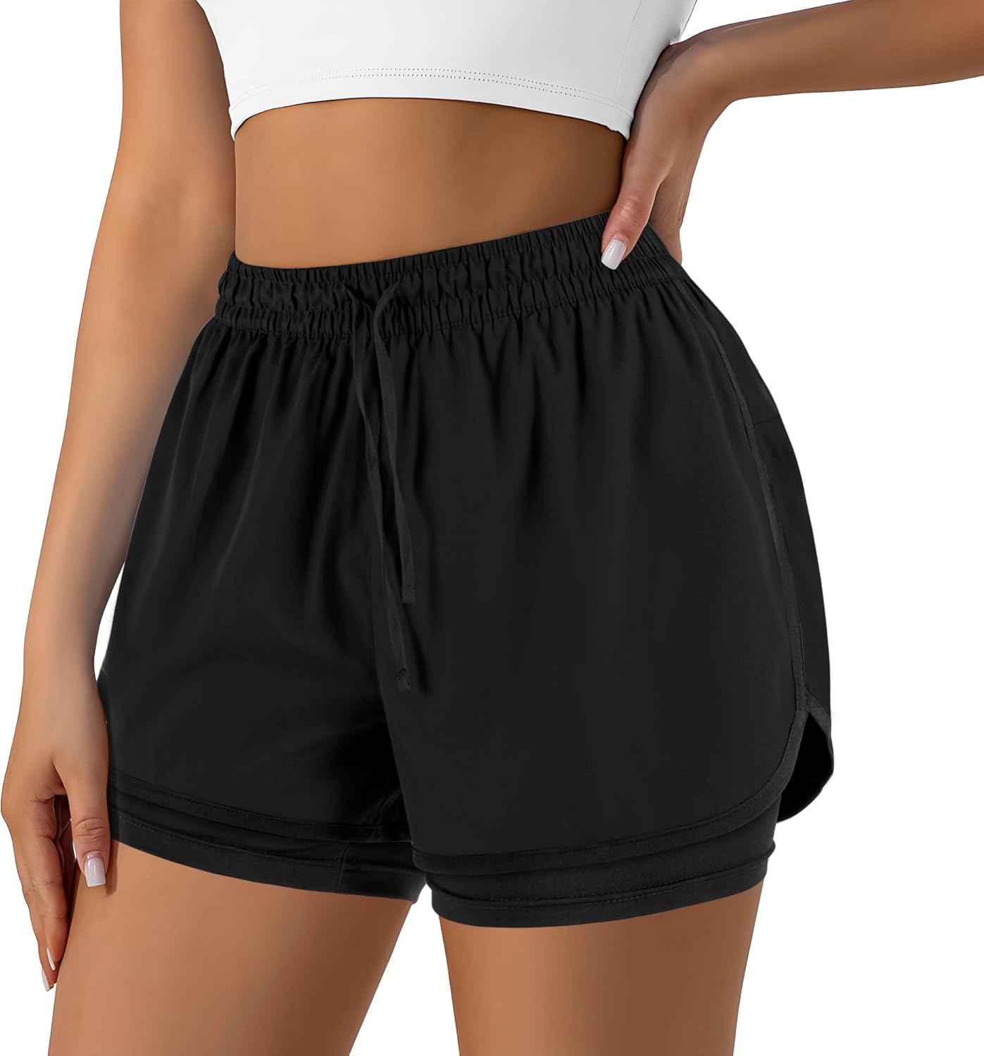 Women's 2 in 1 Running Shorts for Gym Yoga Workout Athletic Shorts High-Waisted Shorts with Liner Pockets