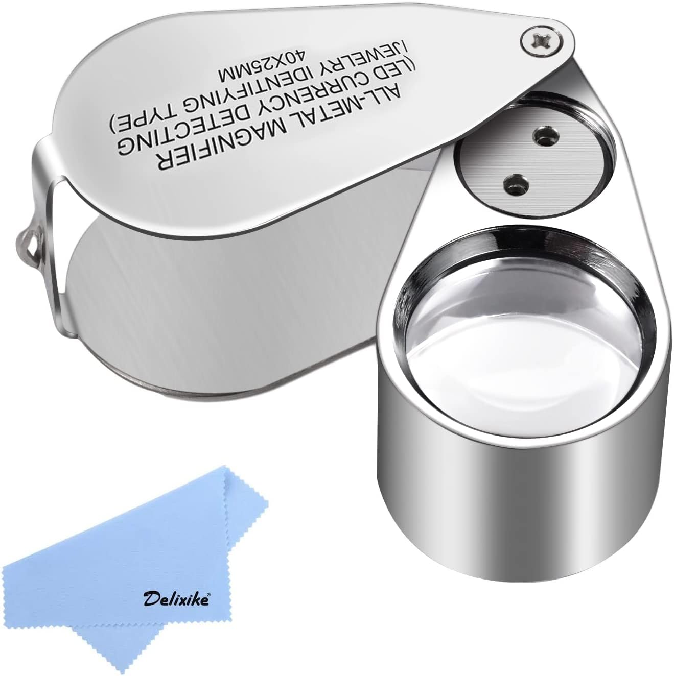 Delixike 40X Jewelry Loupe, All Metal Folding Jewellery Magnifier Eye Loop with LED Light, Magnifying Glass for Diamonds, Jeweller, Coins, Stamps(Currency
