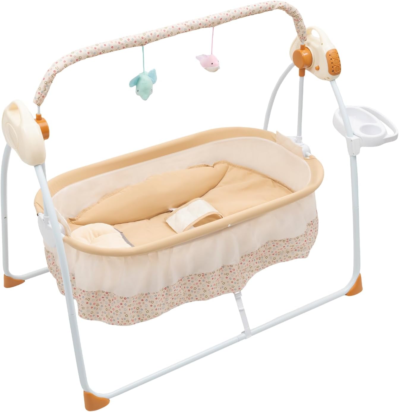 whsiodj Electric Baby Cradle 5 Speed Rocking Bluetooth Lullabies Foldable Portable 55lbs Capacity Breathable Mosquito Net Safety Straps for 0-18 Months Nursery Living Room​ (Khaki)