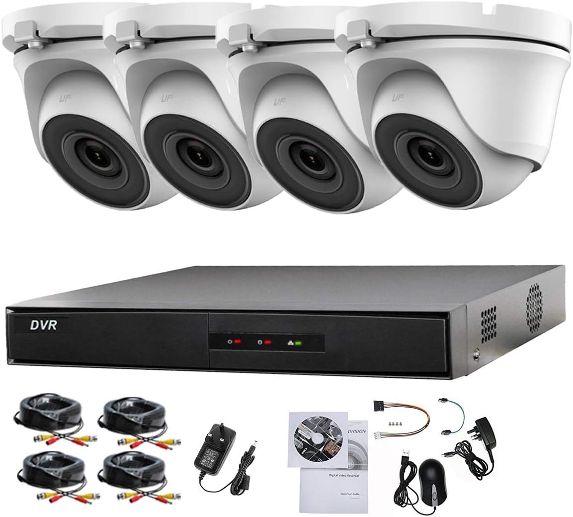 HIKVISION HIWATCH 4CH DVR CCTV KIT SECURITY SYSTEM & 4X HIWATCH HIKVISION TVI 1080P FULL HD WHITE DOME CAMERAS 20M IR NIGHT VISION EASY P2P 1TB HDD