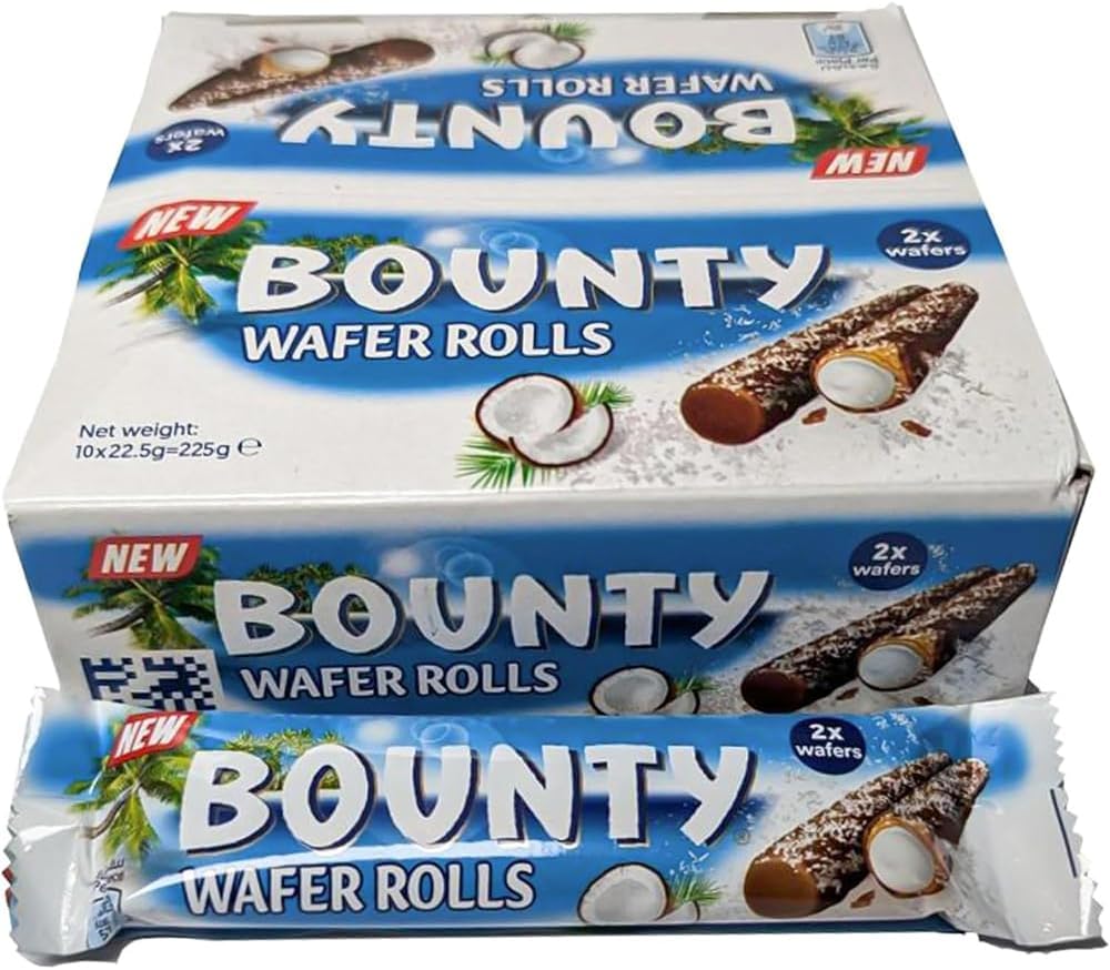 BML 10 x Bounty Crispy Wafer Rolls 22.5g Each Irresistible Coconut & Chocolate Wafer Rolls Perfect Treat for Coconut Lovers Ideal for Snack Birthday Gift