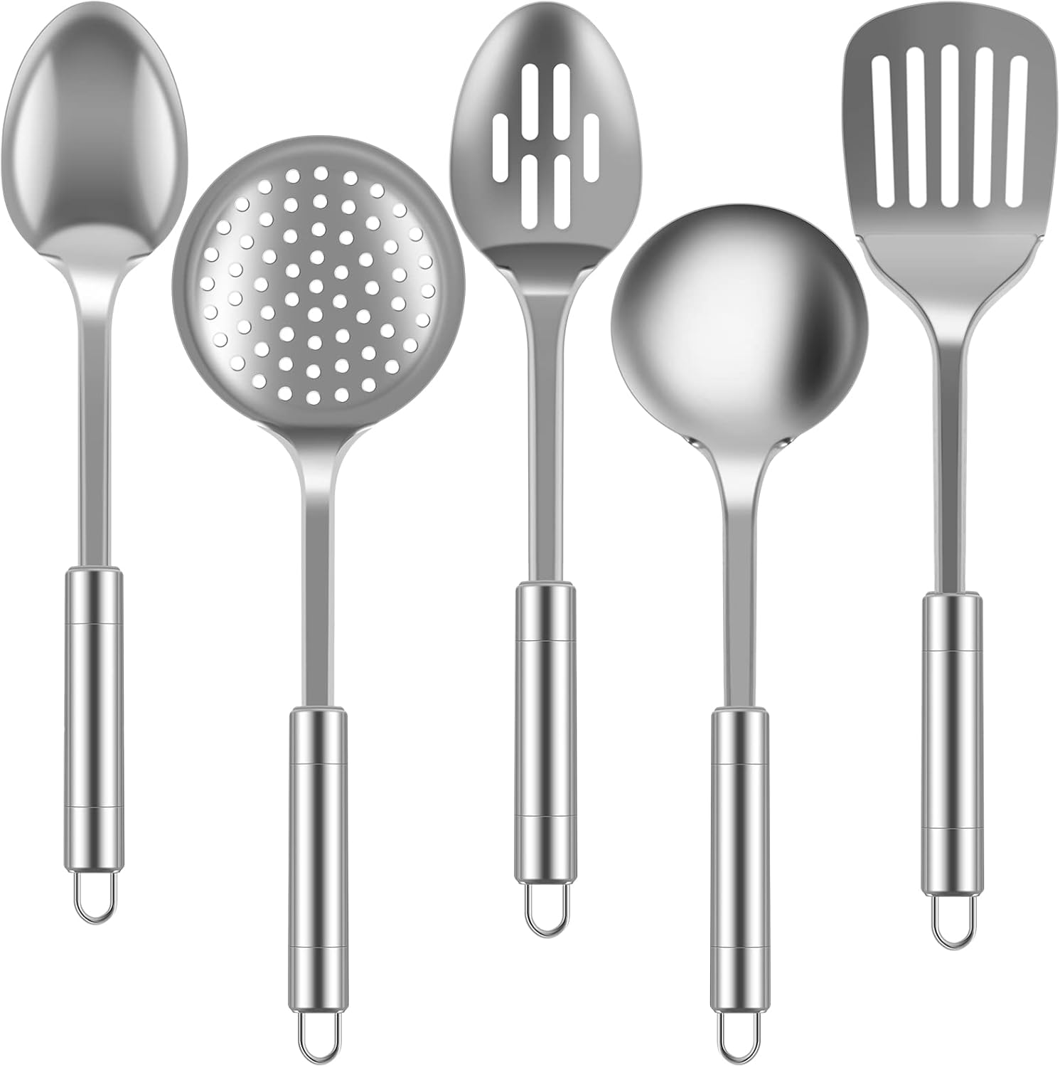5Pcs Kitchen Utensils Set, Heat Resistant Kitchen Stainless Steel Cooking Spoons Spatula with Hanging Hole, Non-Stick Cooking Tools, Dishwasher Safe