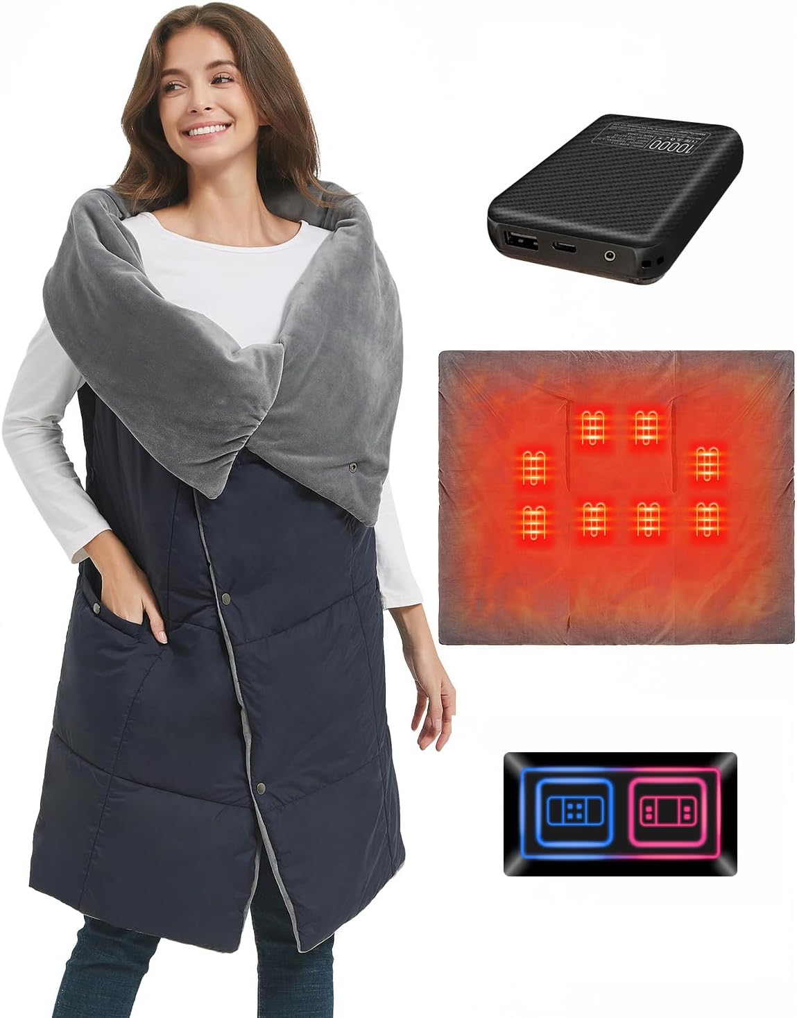 Battery Heated Blanket, FERNIDA Electric Heated Throw with 7.4V Power Bank, Fast Heating Wearable Thicken Heated Shawl for Home, Office, Travel, Camping, 3 Heat Settings, Blue