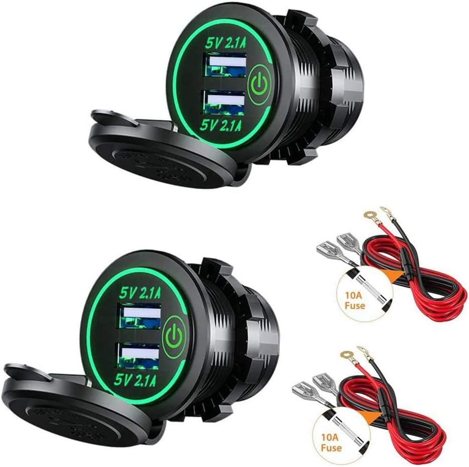 Thlevel Dual USB Car Charger Socket 5V 4.2A Power Outlet with Switch Green Light for 12V 24V Boats and Marine Motorcycle Truck 2 Pack