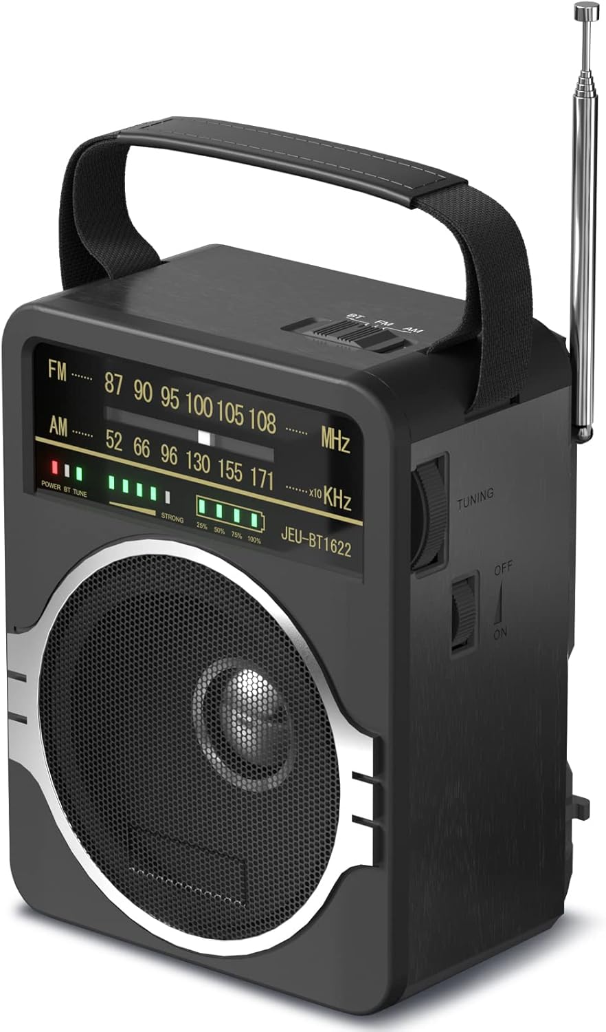 Portable AM FM Radio, Bluetooth 5.0 Radios 5 Watts Loud Speaker,FM Radio Built-in Rechargeable Battery/DC D*4 Cell Battery Operated & AC Power Plug in Wall Black